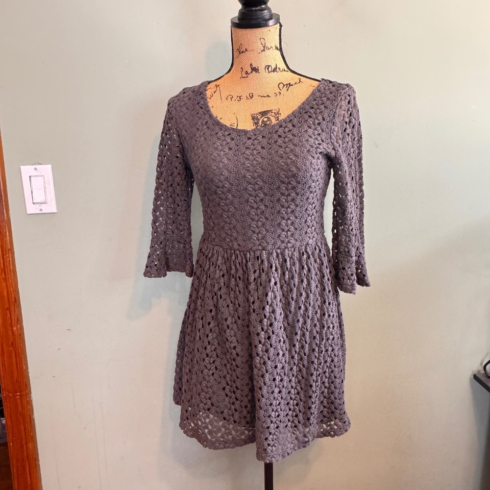 Mimi Chica Crochet Lace Fit & Flare Dress Grey 3/4 Sleeve DWL472